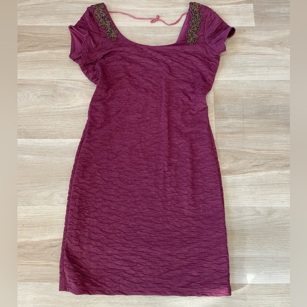 FREE PEOPLE Maroon Low Back Tight Dress with Beaded Embellishments. - Picture 3 of 13